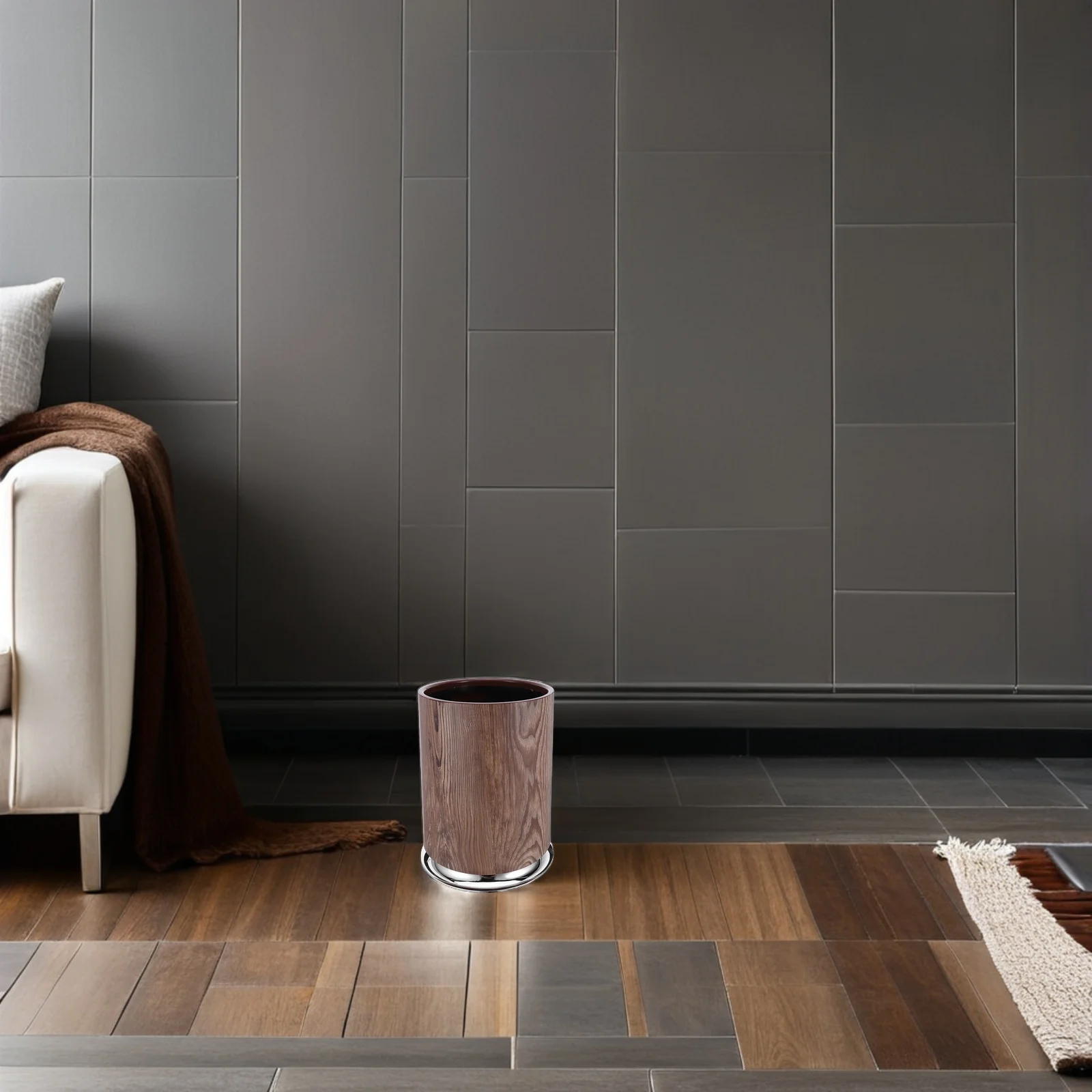 

Wood Grain Trash Can Light Brown Round Design Waterproof Odor-Sealing Indoor Outdoor Garbage Bin For Kitchen Bathroom Living