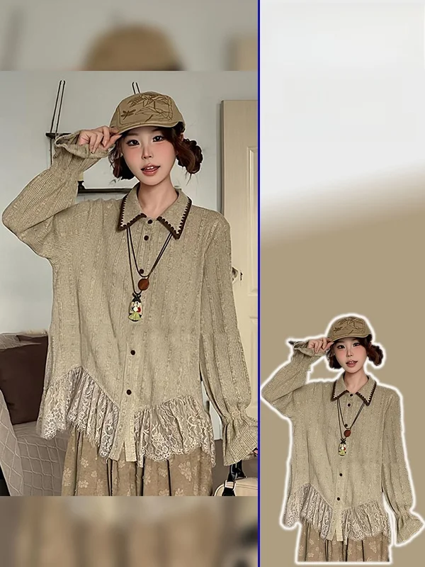 

plus Size Women's Vintage Sle Lace Patchwork Bell Sve irt Slimming Top Spring Design Casual Long Sve Button up