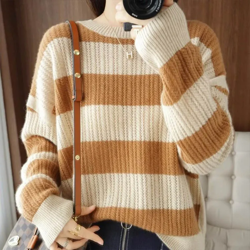 Autunno inverno Casual allentato o-collo pullover in maglia abbigliamento donna versione coreana Patchwork a righe Top Chic maglioni a maniche lunghe