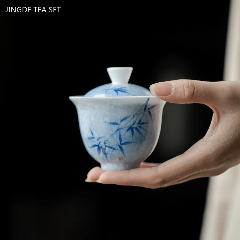 100ml Hand-painted Blue and White Porcelain Gaiwan Healthy Underglaze Ceramic Tea Infuser Household Beauty Teacup with Lid