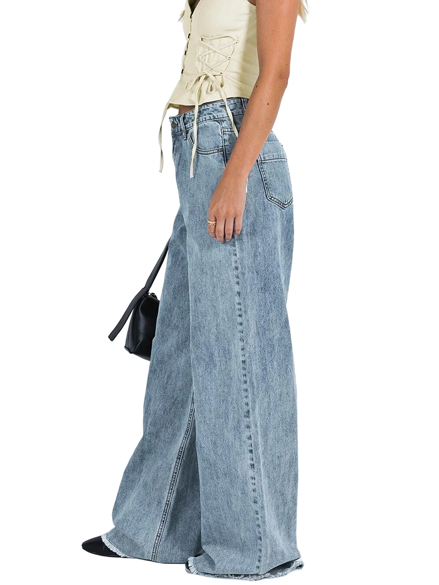 Frauen gerade weites Bein Baggy Jeans hoch taillierte Relaxed Fit Jeans hose trend ige y2k Streetwear mit Taschen