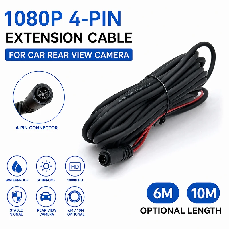 Câble d'extension HD 4 broches 6M 10M pour caméra de recul de voiture, surveillance vidéo 1080P, câble vidéo étanche et résistant au soleil