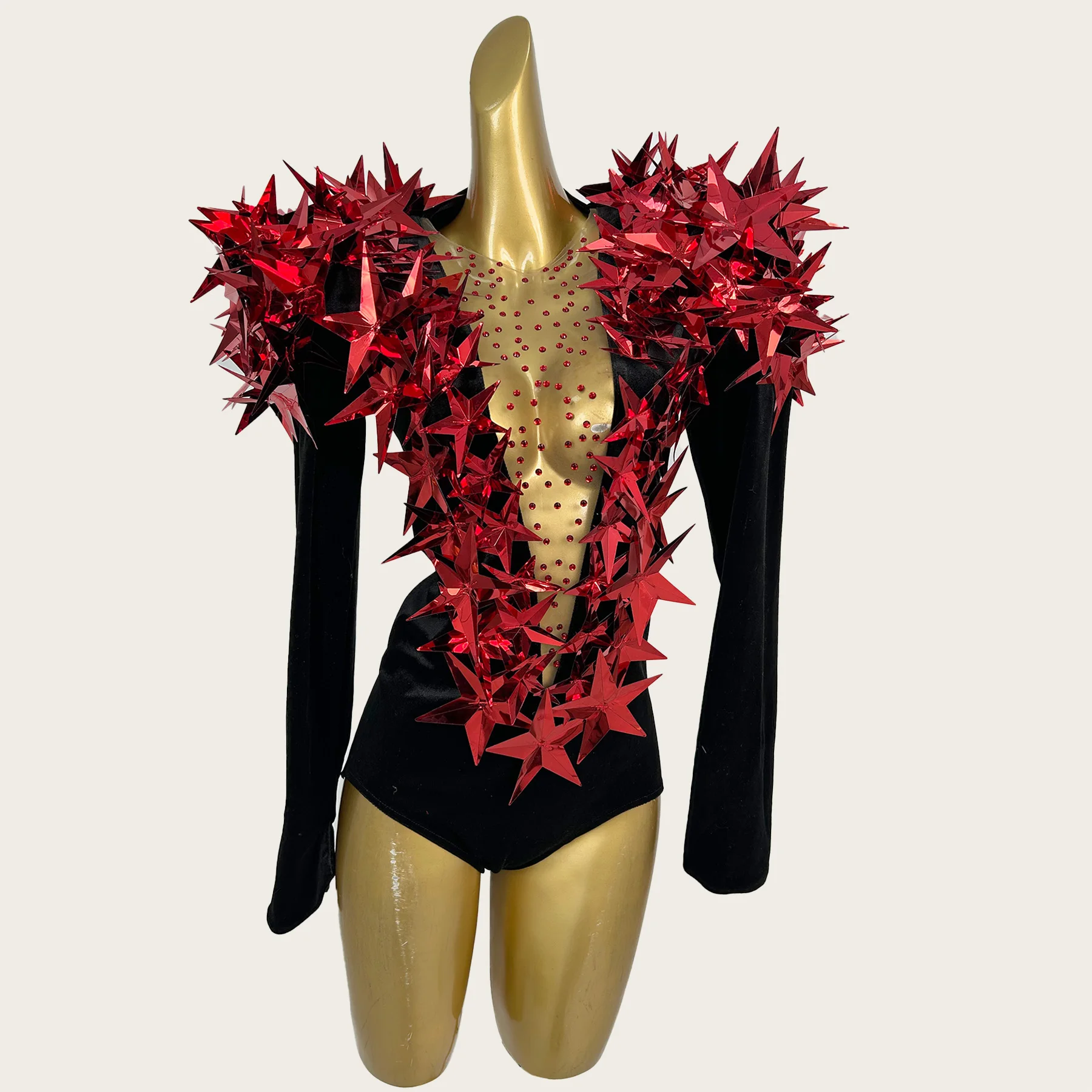 

Designer Stage Show Wear Five-pointed Star Sequins Velvet Catsuit High Leg Cut One Piece Bodysuit Glamorous Deep V Neck Hengxing