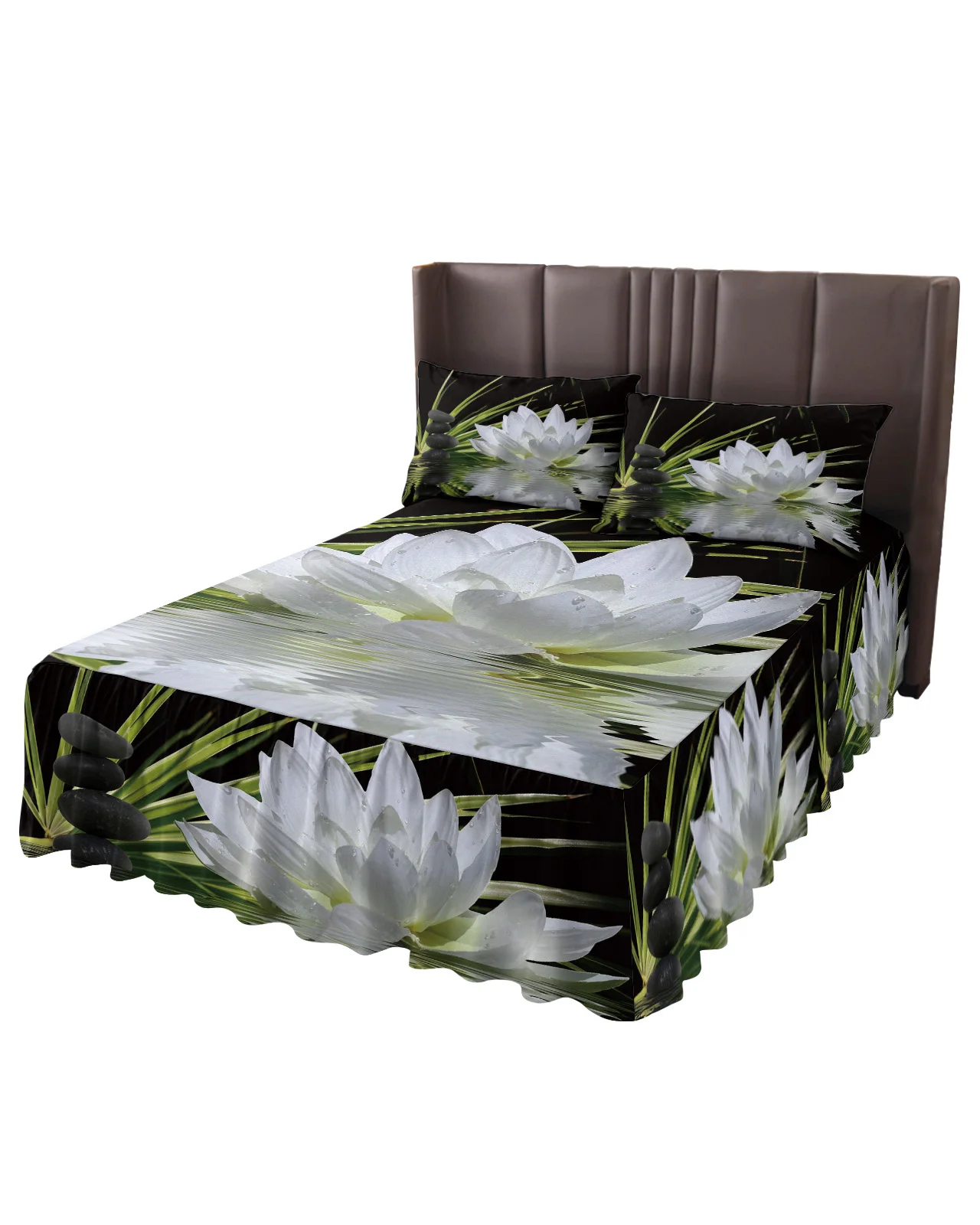 White Lotus And Black Zen Stones Bed Skirt Elastic Fitted Bedspread With Pillowcases Mattress Cover Bedding Set Bed Sheet