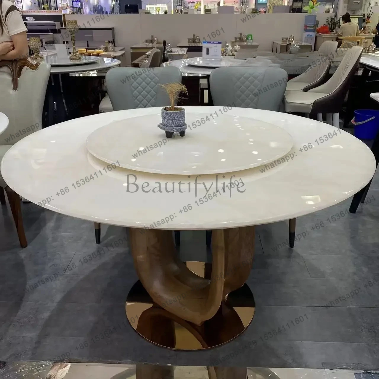 

Pure natural marble dining table round luxury stone series white ice jade translucent round turntable dining table and chai