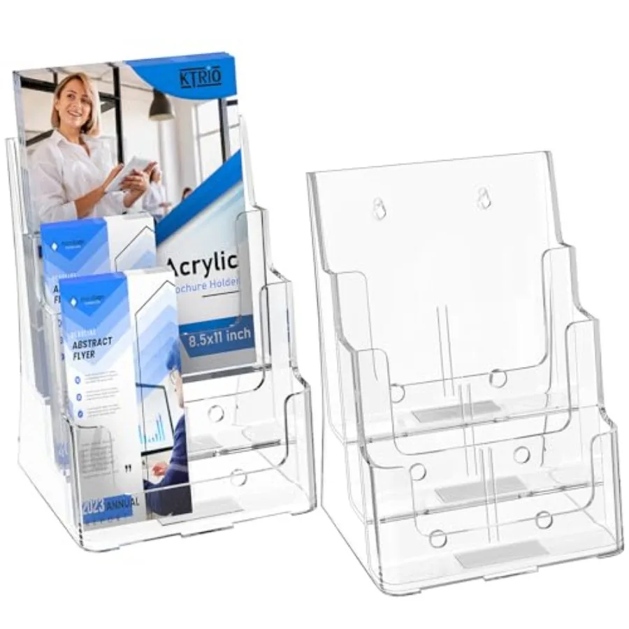 

Акриловый держатель для брошюр 8,5 x 11 дюймов, 3-уровневый органайзер для литературы со съемной перегородкой для листовок 4 дюйма, прозрачный, для настольного или настенного использования.