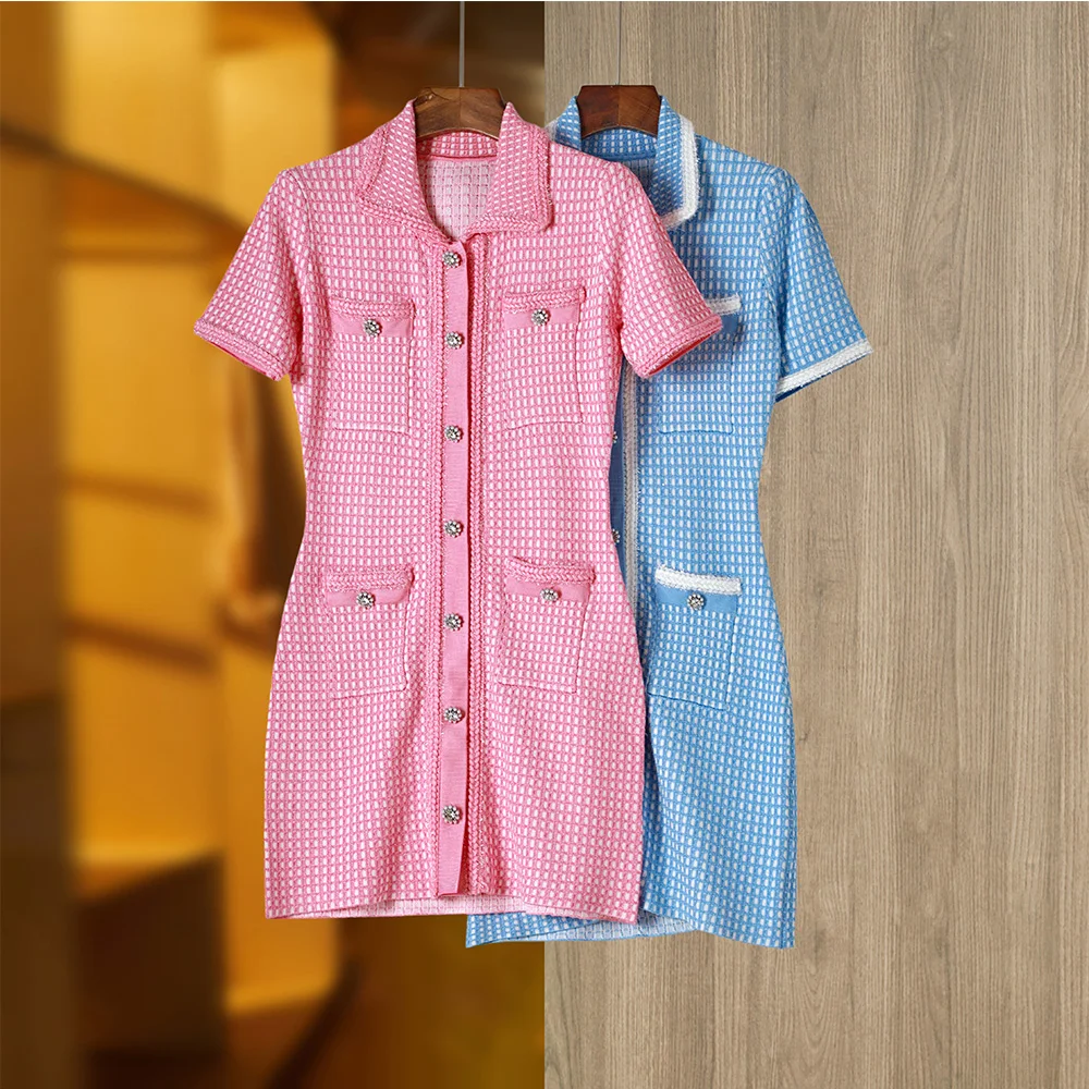 

Summer Short Sleeve Turn-down Collar Pearl Rhinestone Buttons Pockets Stylish Casual Elastic Knitted Women Dress