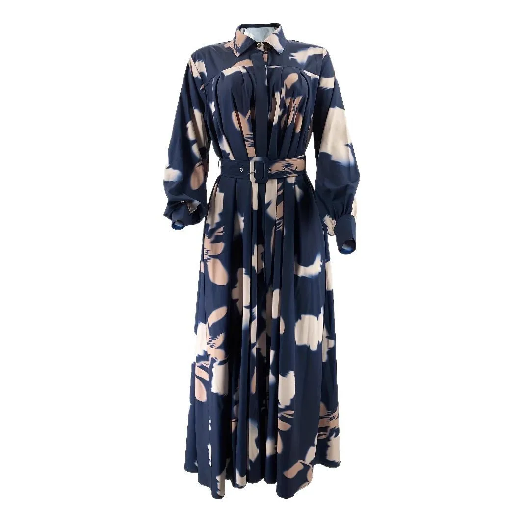 여성을위한 이슬람 abayas 벨트와 턴 다운 칼라 봄 여름 eveing ​​파티 야외 긴 소매 드레스 우아한 사우디 의류