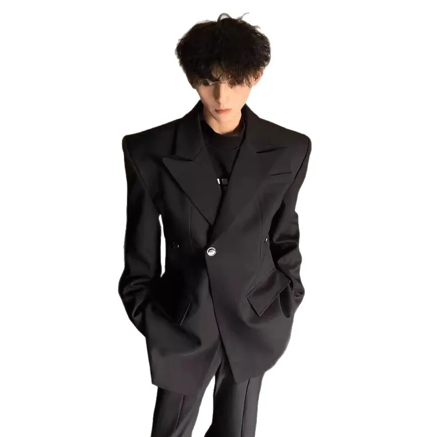 2026 Spring French Style Cinched Waist Blazer For Men Luxury Padded Shoulder Oversized Black Suit Jacket Casual Fashion Blazers