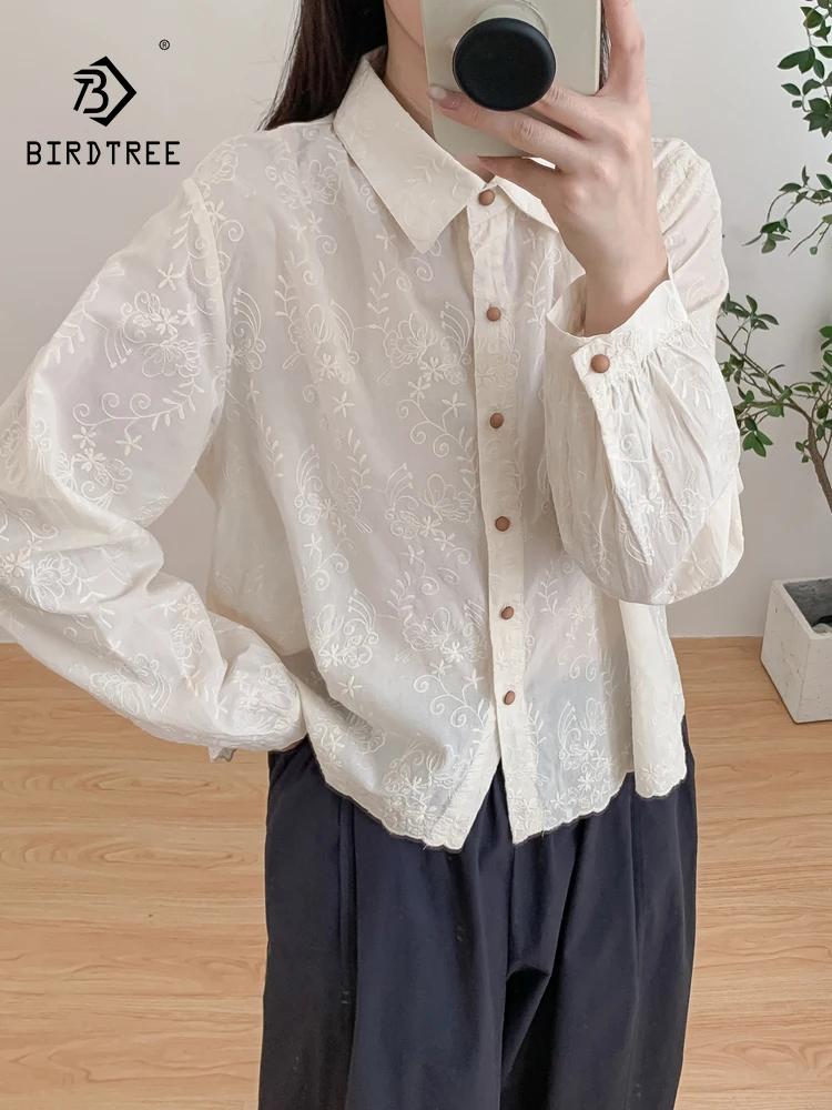 

New 2025 Autumn Cotton Long Sleeve Shirt, Women Turn-down Collar Embroidery, Mori Girl French Literature Loose Blouse T58988CC