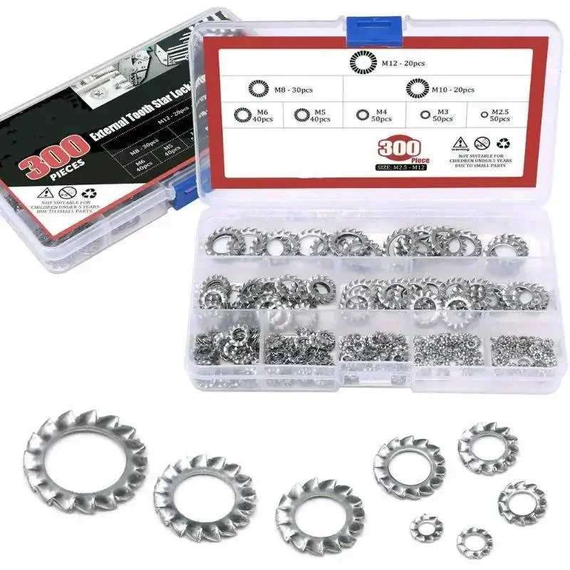 Arandelas de bloqueo de estrella de acero inoxidable de 300 piezas - Kit surtido de arandelas redondas de dientes externos M2.5-M12