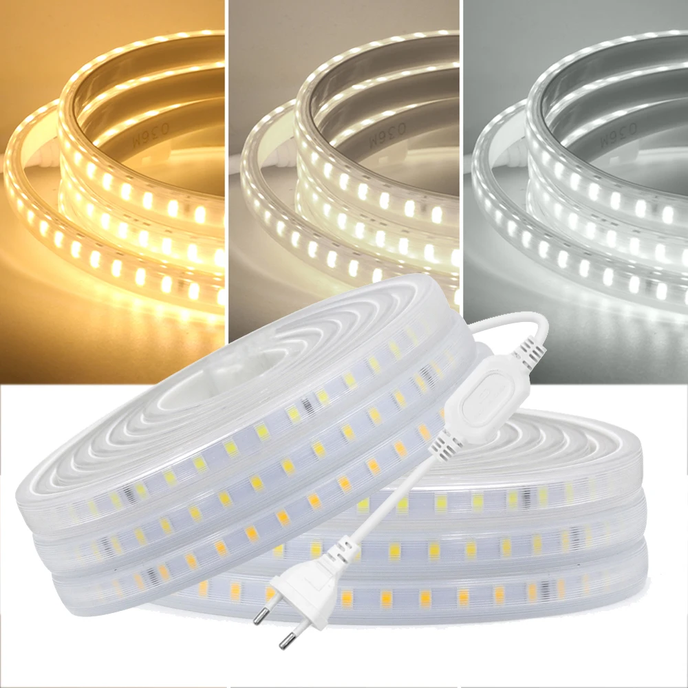 Tira de luces LED para decoración del hogar y jardín, cinta de luz Flexible resistente al agua, SMD 220, 2835 Leds/M, blanco cálido/Natural, 120 K,