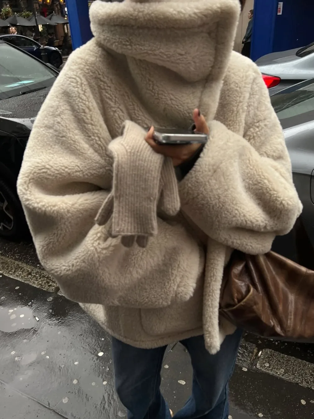 Gola de pele de cordeiro Casaco duplo de couro e pele intercado feminino inverno novo Sle Warm Top Commute Sle Long Sve Loo...