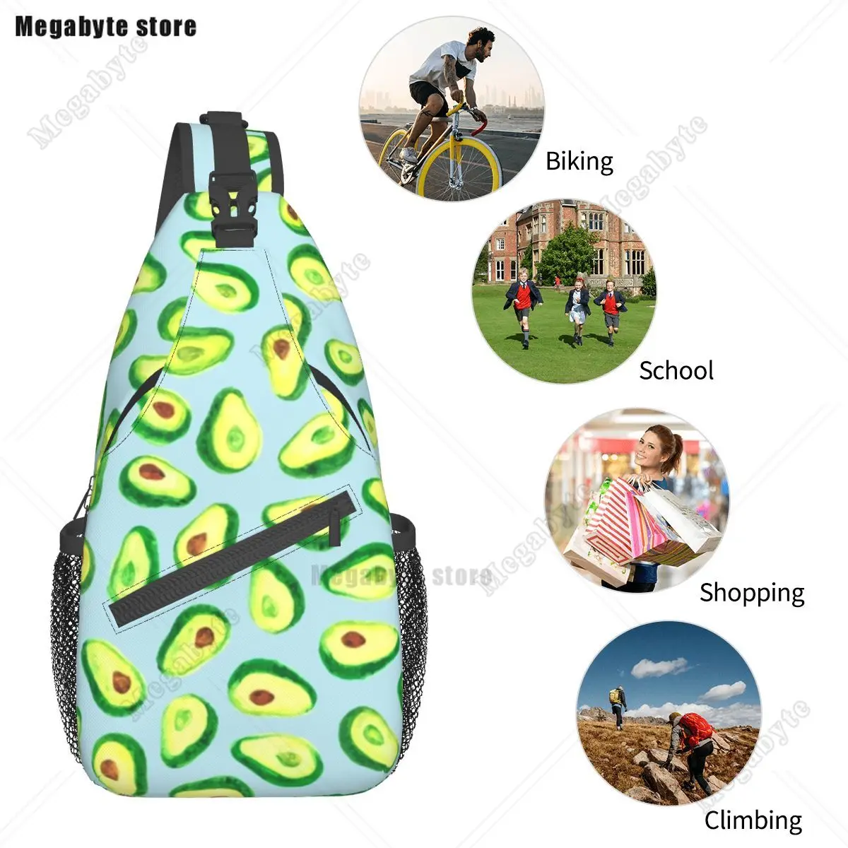 Avocado Love Shoulder Bags Kawaii Fruit Print Streetwear Chest Bag Travel Outdoor Style Sling Bag Graphic Design Small Bags