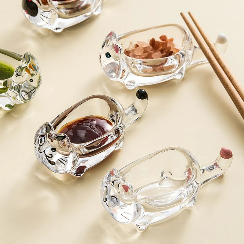 

Cute Cat Crystal Glass Seasoning Dish Plate Japanese Style Chopstick Holder Soy Sauce Vinegar Dish Spice Dishes Spice Bowl New