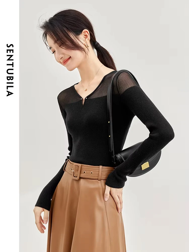 SENTUBILA Spring Fashion Long Sleeve Knit Top Woman Pullovers 2024 High Strecth Slim Soft Female Knitwear Clothing W33H51662