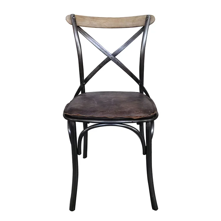 Coffee Shop French Style Bespoke Rural Iron Frame PU Leather Seat Cross Back Dining Chair Set