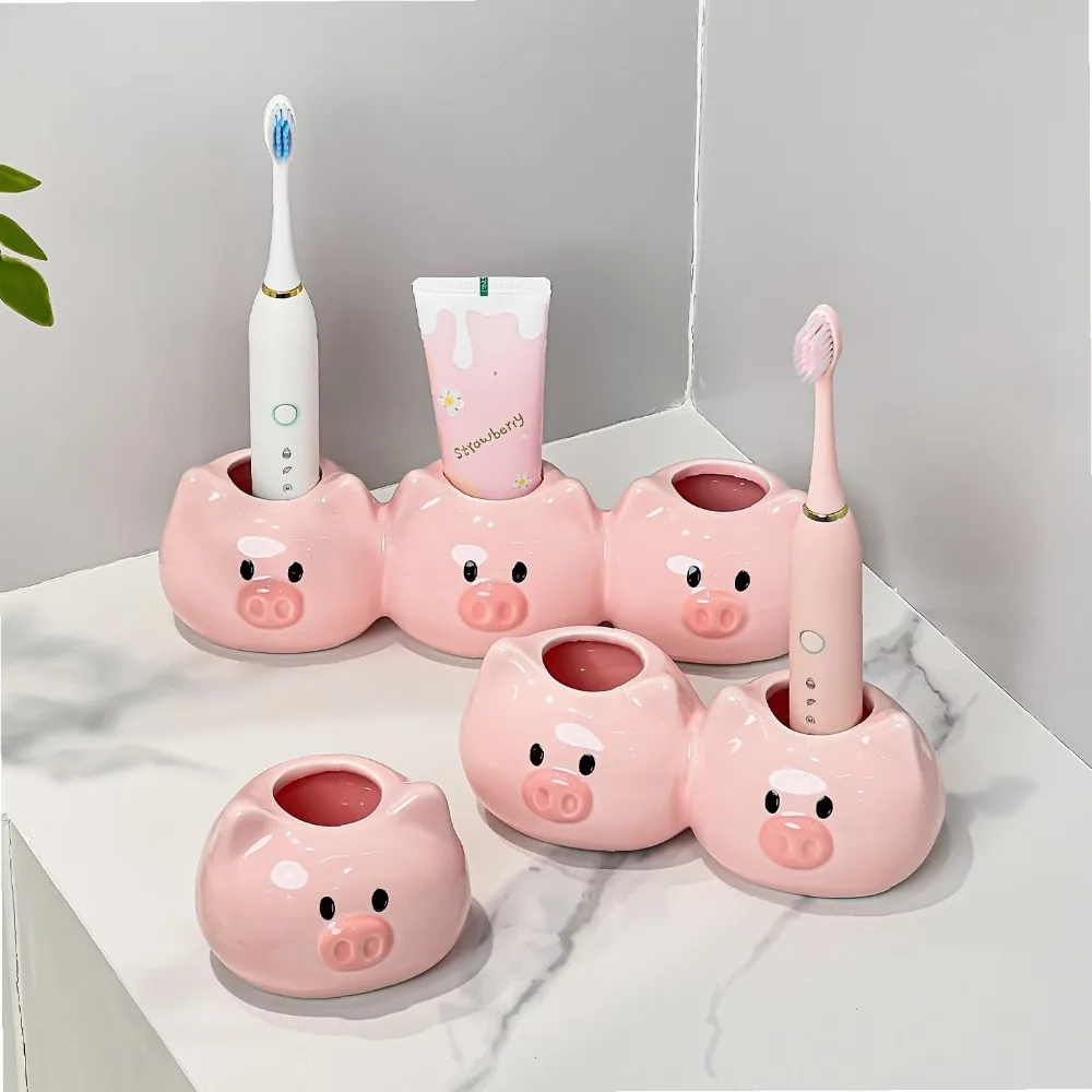 Cute Pig Electric Toothbrush Holder Ceramic Organizer for Bathroom Vanity Countertop Couple Toothpaste Storage Base