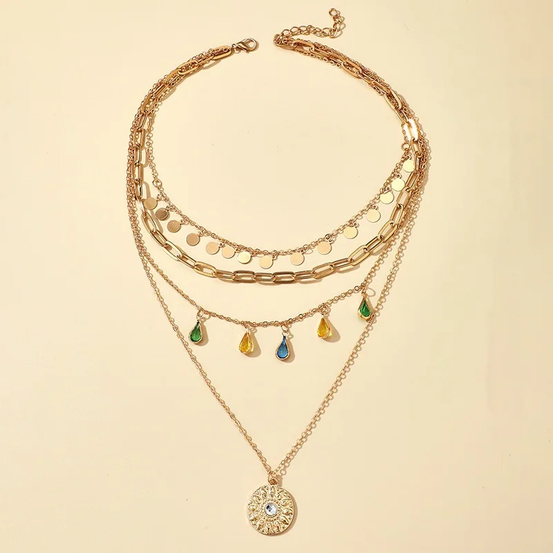 New Geometric Disc Tassel Neck Chain Alloy Rhinestone Tassel Concave Convex Exaggerated Pendant Multi-layer Y-shaped Necklace