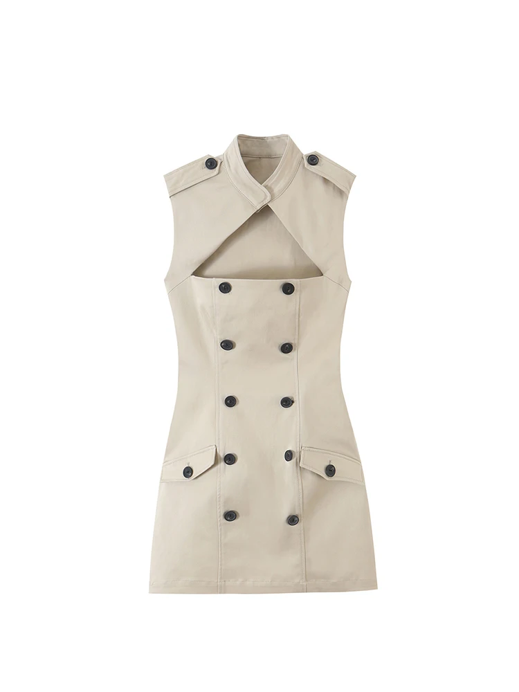 TFMLN New Women Hollow Out Dress Sleeveless Solid Slim Fashion Trench Mini Dresses Sexy Club Street Style Trendy Partywear