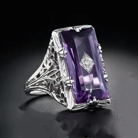 S925 Sterling Silver Princess Hollow Women's Ring Hot Sale Style Inlaid with Shiny Chamfered Rectangle Amethyst for Trendy Girls