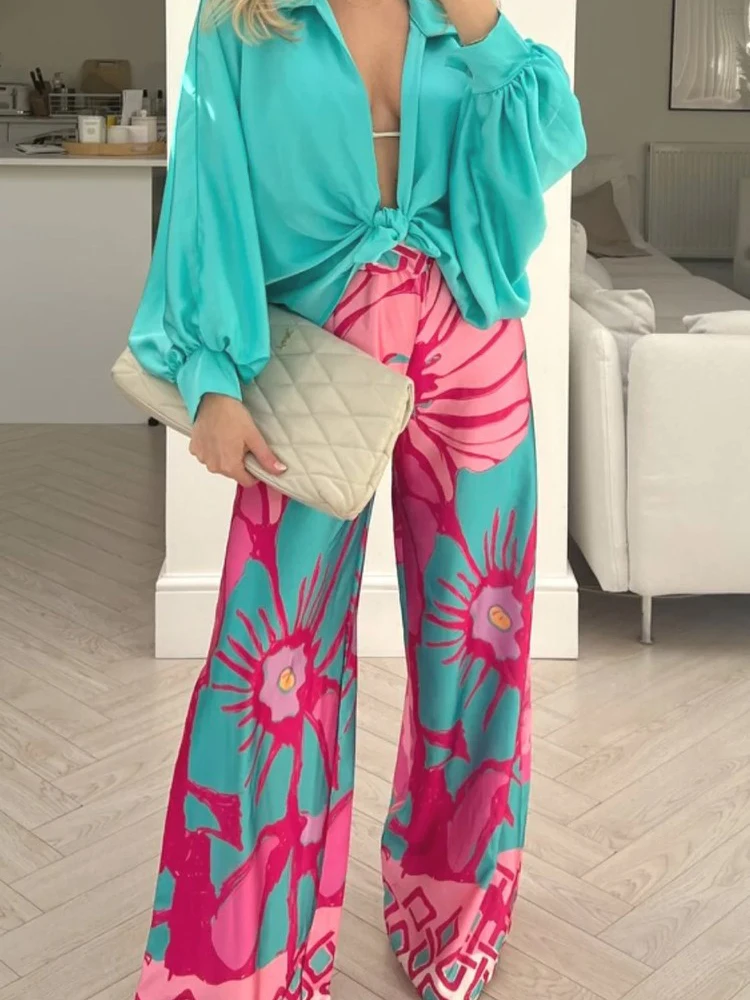 

New Casual Patchwork Women Spring Summer Trousers Loungewear Printed Elastic Waist Elegant All Match Loose Ladies Wide Leg Pants