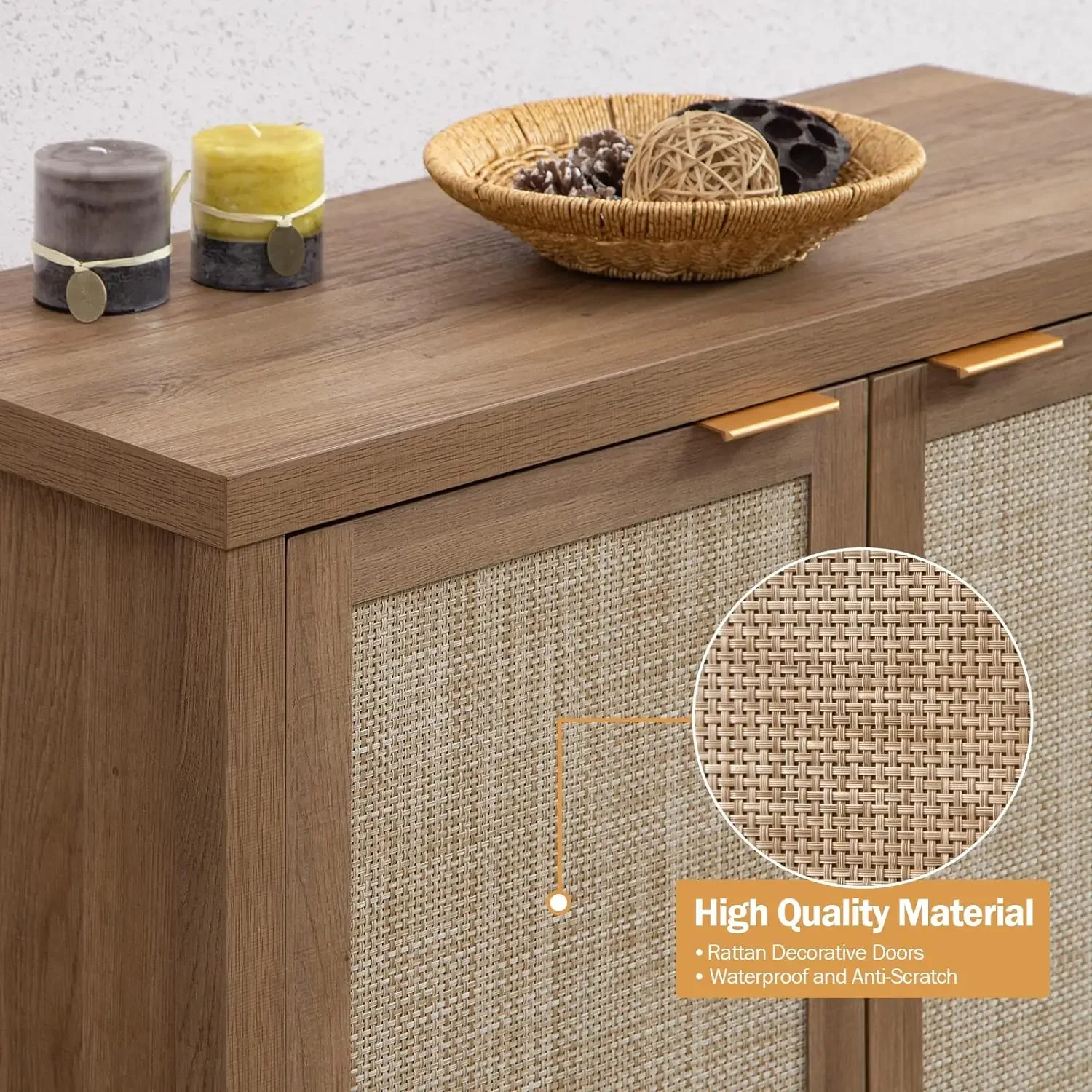 Rattan Sideboard Buffet Credenza Cabinet - 2 Pieces Farmhouse Kitchen Coffee Bar Cabinet with Rattan Decorated Doors