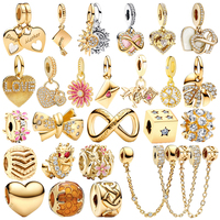 2025 NEW Sparking Gold Plated Charm Beads Fit Original 925 Silver Bracelet DIY Jewelry Gift Bow Double Heart Split Dangle