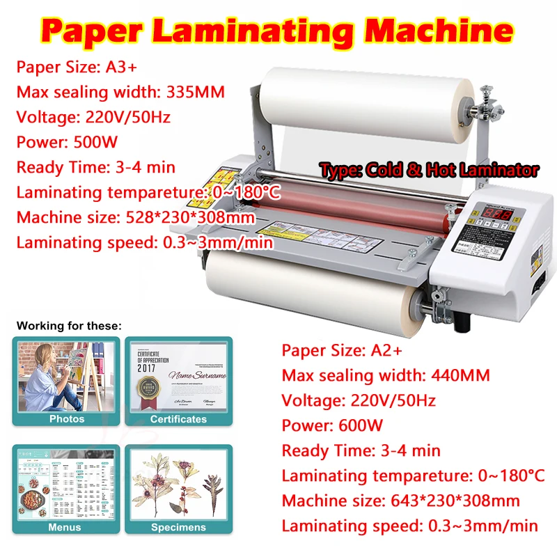 

Desktop A3 A2 Paper Laminating Machine English Version Four Roller Cold Hot Laminator Rolling Machine for Film Photo 600W