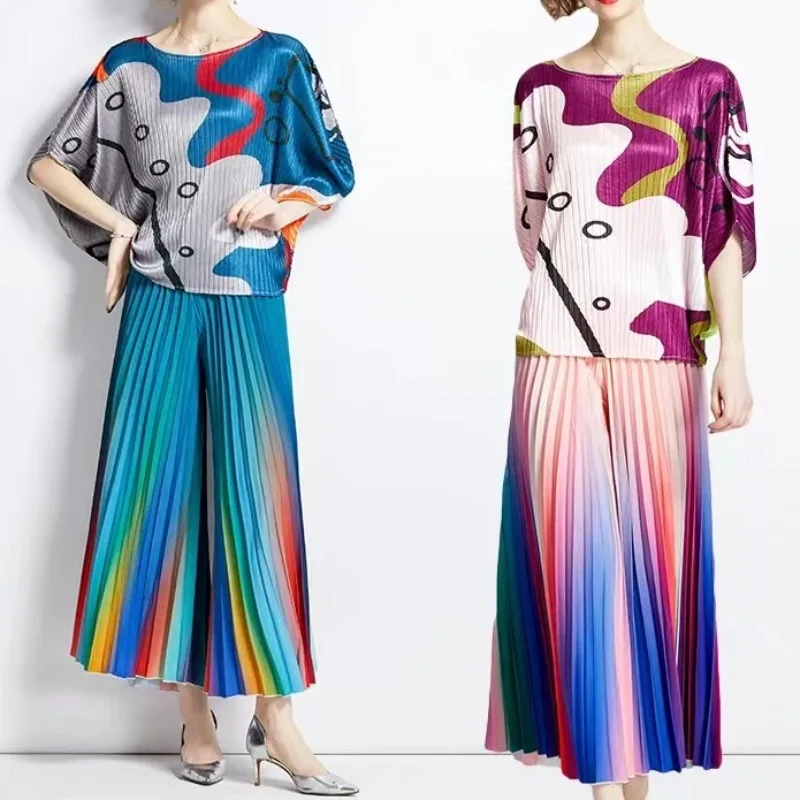 

ALSEY Miyake Pleated Office Lady Peplum Trendy Design Rainbow Color Gradient Women's Casual Pants New Summer 2023