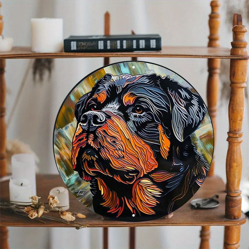 Rottweiler Dog Metal Sign Art, Waterproof Aluminum Decorative Plate, Outdoor and Indoor Wall Decor, Round Door Hanger