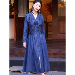 #2733 Spring Long Sleeve Denim Dress Women V-neck Embroidery Cardigan Front Button Shirt Dress Ladies Slim High Waisted A-line