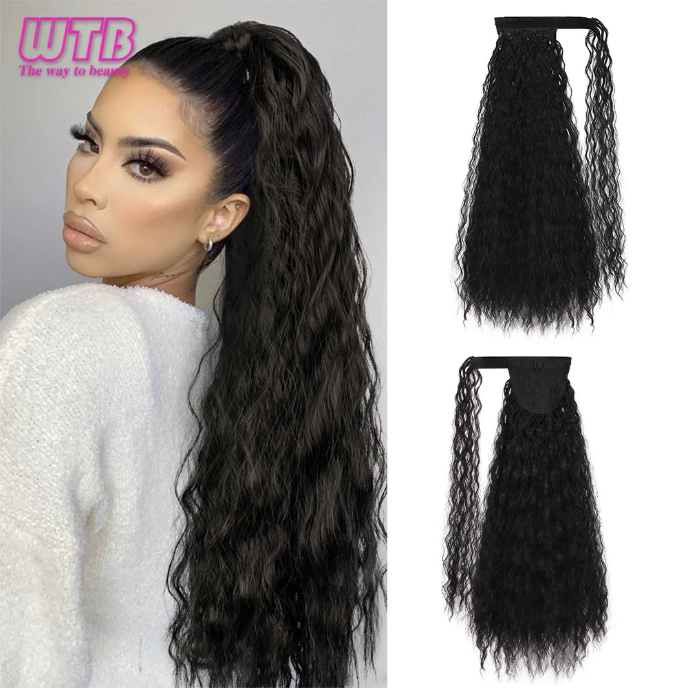 WTB Synthetic Women\'s Ponytail Extension Long Kinky Culry Clip In Ponytail Hair Extension Wrap Around Black Red Ombre Pony Tail