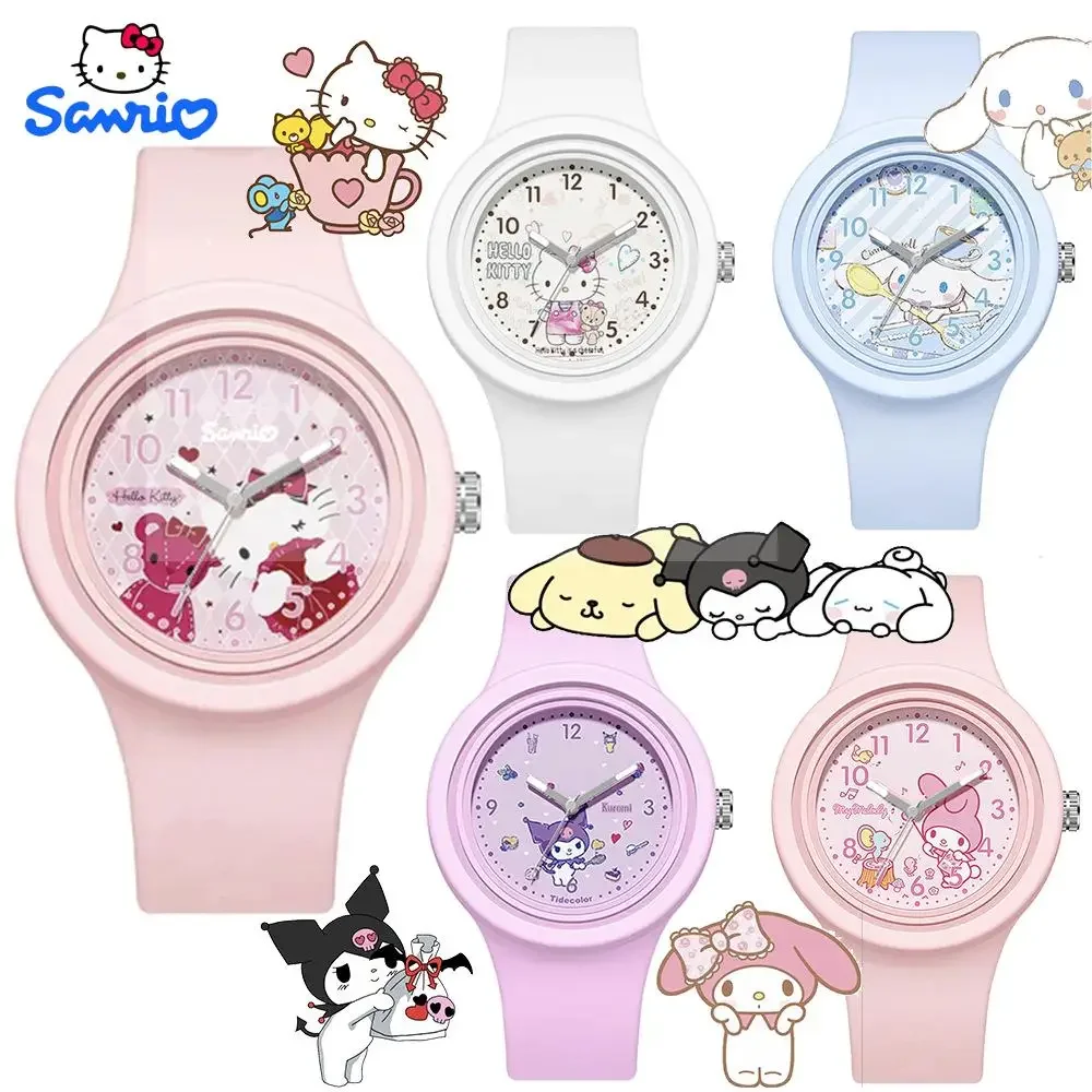 MINISO Sanrio Children\'s Watches  Kuromi Hello Kitty Cinnamoroll Silicone Strap Quartz Casual Cartoon Melody WristWatch Girls