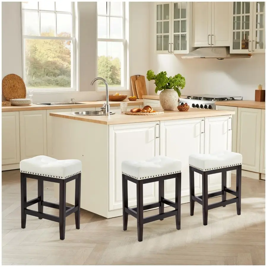 

stools Set of 3,Fabric Saddle Square Stools,24 Inch Counter Height Barstools,Easy to Assemble,Rice Whitedeep Coffee Wooden Leg