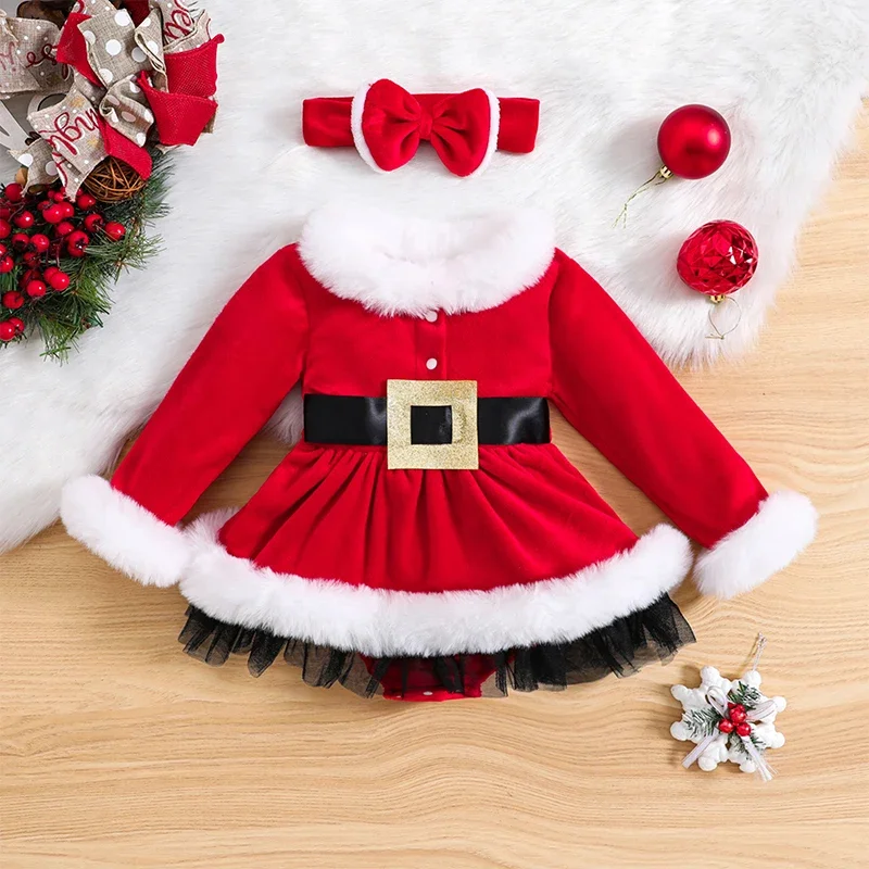 Baby Girls 2Pcs Christmas Dresses Outfits Velvet Santa Claus Red Princess Tutu Dress Puff Shoulder Dress Headband Xmas Costume