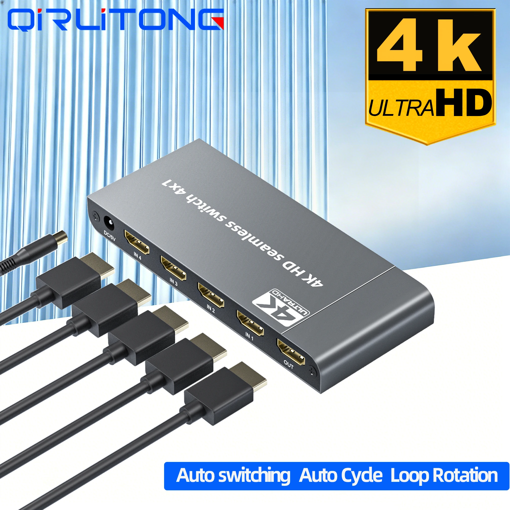 4K HDMI 4x1 Auto Swicher 4 in 1 out 1080P Auto Cycle HDMI Seamless Swicher Auto Cycle 5s/10s/15s/30s/60s/120s
