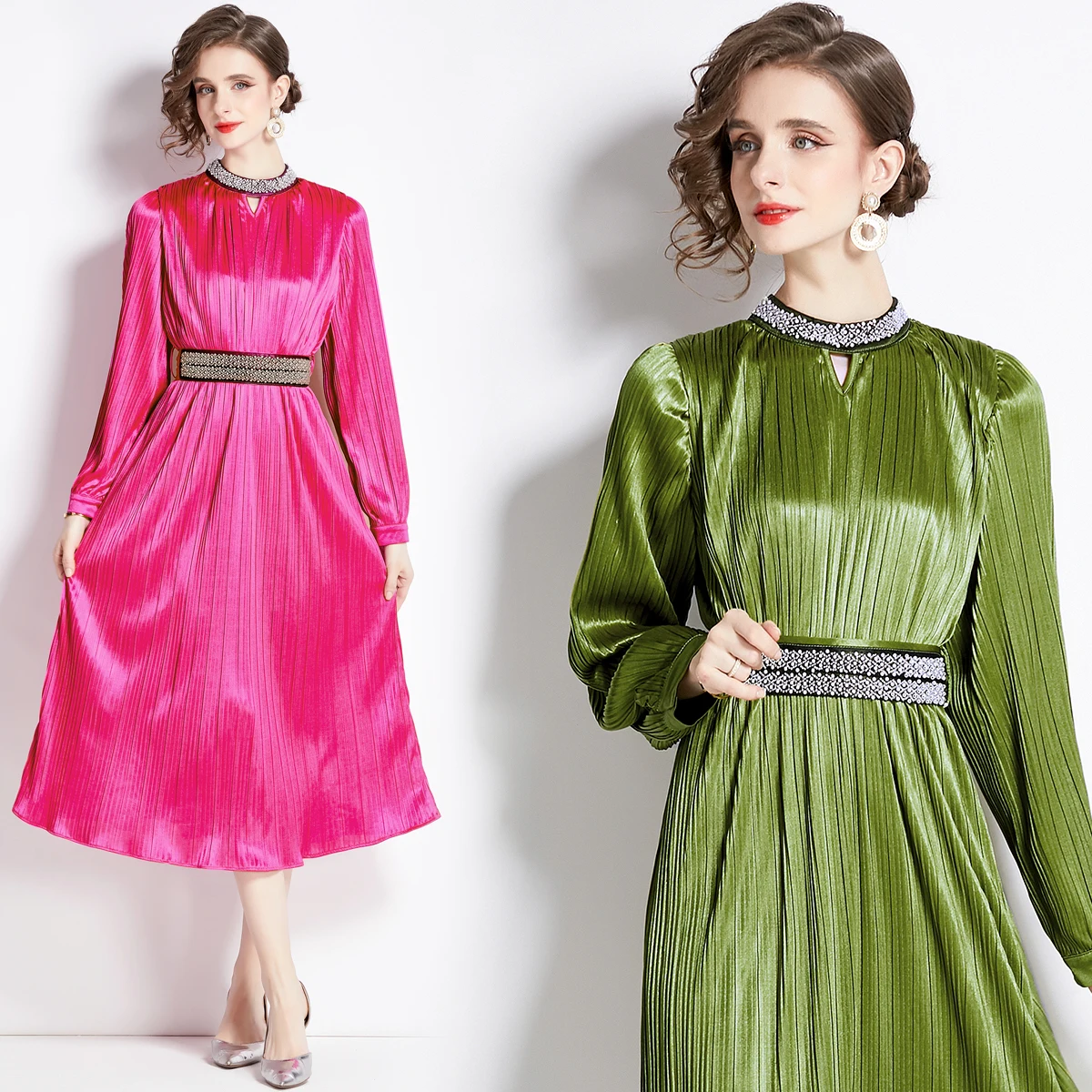 

2024 New Pure Silk Solid Color Beaded Satin Long sleeved Dress for Women O-Neck Lace Waist Wrapped Princess Style Dress