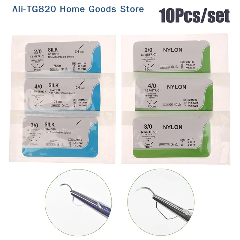 

[TG820]10Pcs 2.0/3.0/4.0 Silk Nylon Monofilament Medical Thread Needle Surgical Suture Training Thread Suture Practice Kit