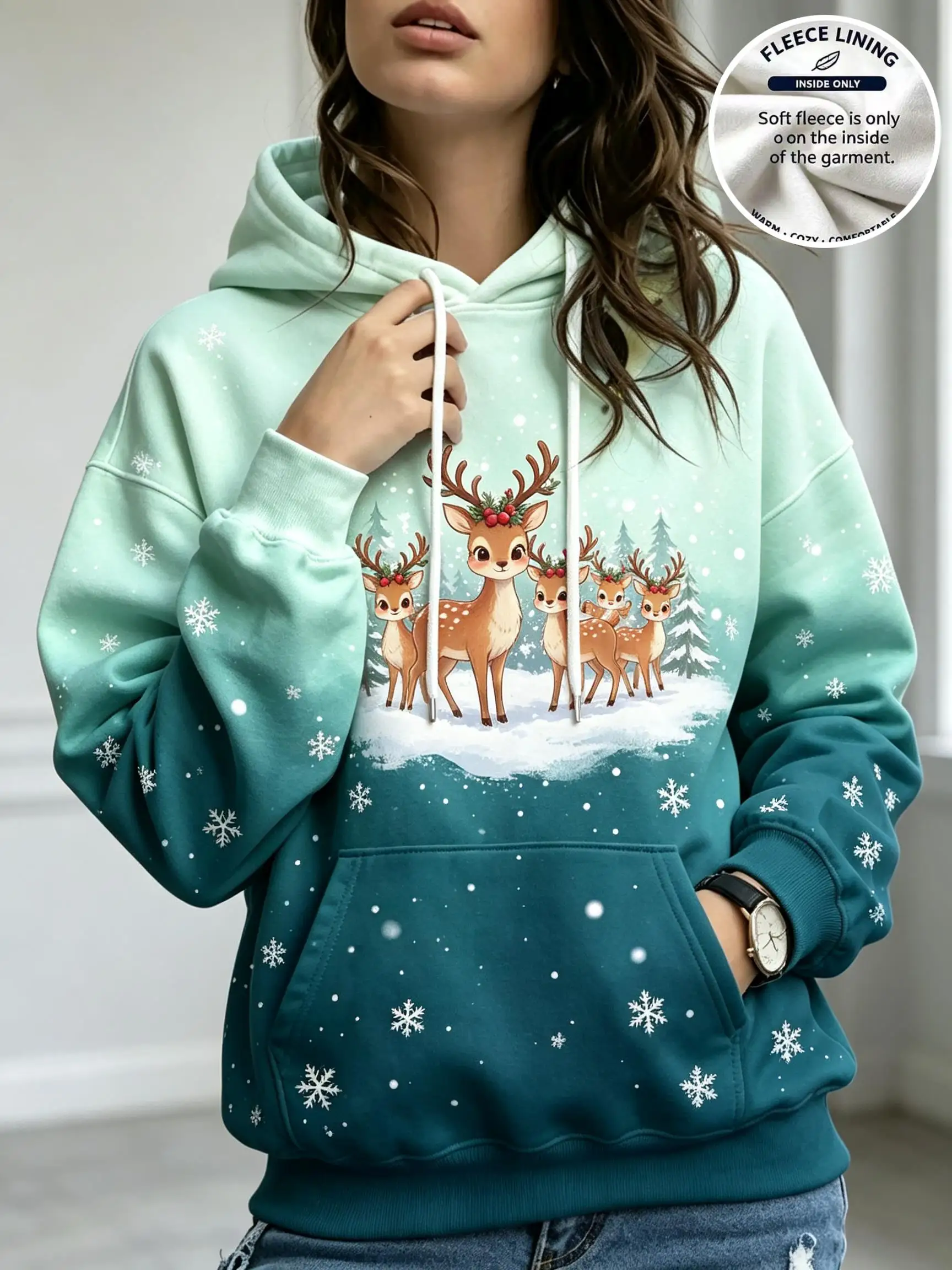 Women Christmas Cute Family Bears Santa Hat Snowflake Gradient Fleece Hoodie Pocket Sweatshirt