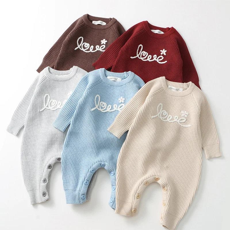 ربيع جديد 2026 ملابس أطفال محبوكة 0-24 متر بدلة لحديثي الولادة بأكمام طويلة مطرزة للأطفال الصغار رومبير محبوك للأولاد والبنات
