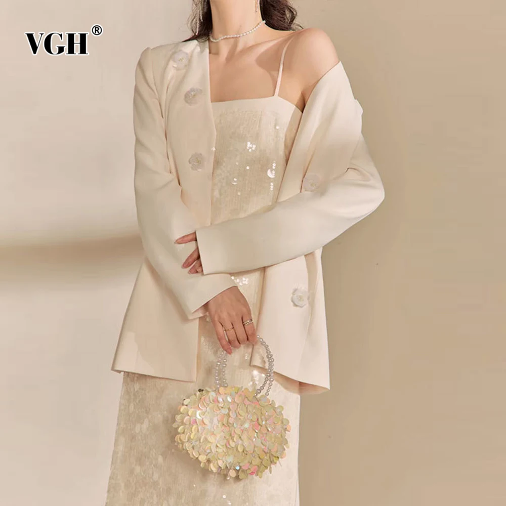 

VGH Elegant Solid Two Piece Sets For Women V Neck Long Sleeve Spliced Appliques Top High Waist Slim Dress Chic Set Female New