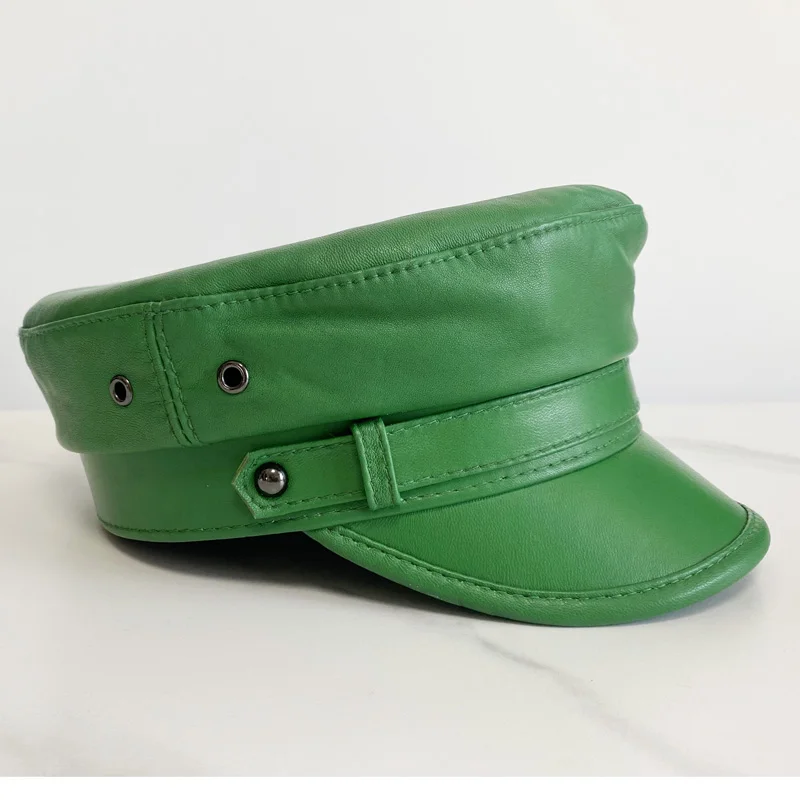 Genuine Leather Green Military Cap Army Cap Sailor Hats For Women Men Flat Top Travel Cadet Hat Captain Military Sheepskin Hat