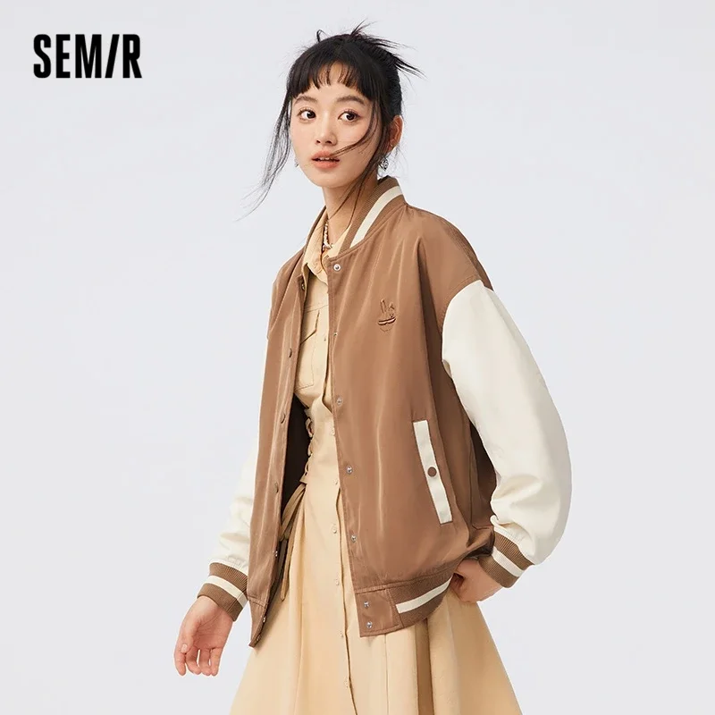 

Semir Women Coat Hit Color Splicing Jacket Loose Personality Fashion Autumn Embroidery Baseball Uniform Ins Coat for Women