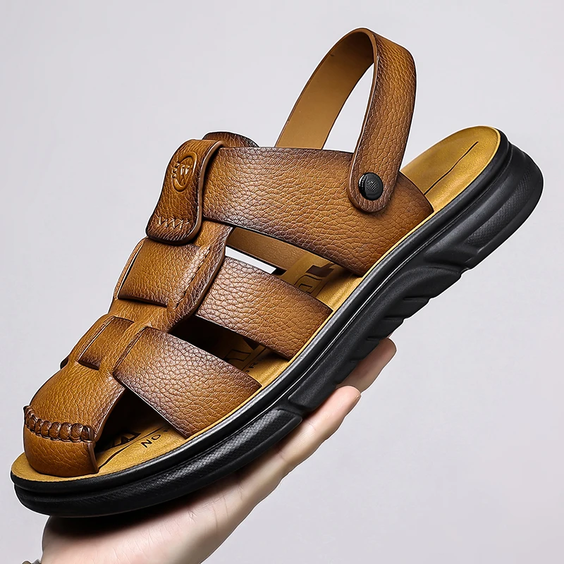 Summer High-quality Leather Sandals Handmade Mens Breathable Leather Shoes Man Outdoor Fashionable Beach Slippers Walking Shoes