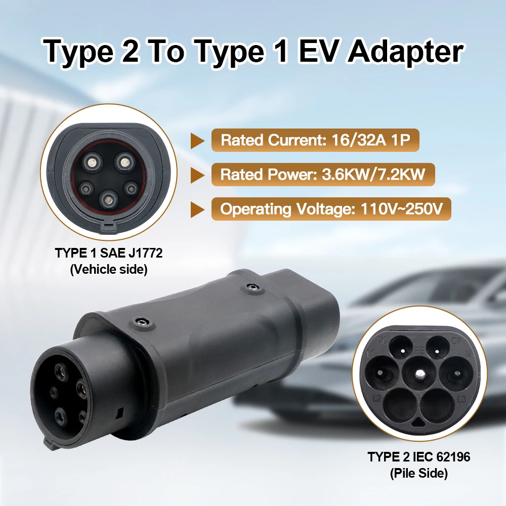 ERDAN 32A 1 fase 7.2kw EV adaptador de cargador J1772 a IEC62196 adaptador Type2 a Type1 conector de carga de vehículo eléctrico