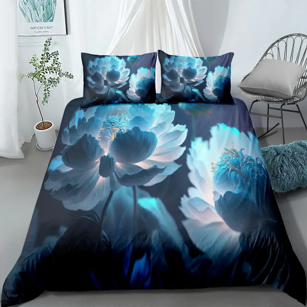 

Turquoise Big Blossom 3D Duvet Cover Set King Queen Double Full Twin Single Size Bed Linen Set