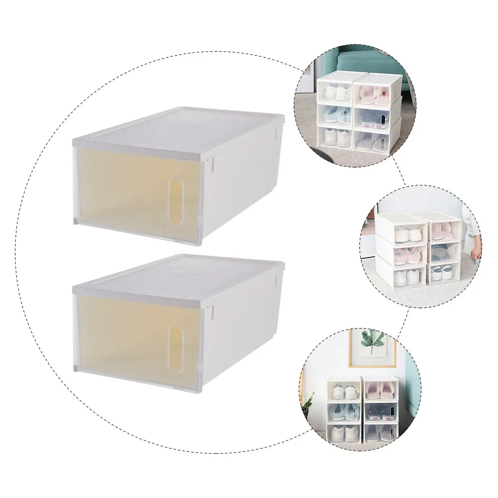 

2pcs Large Capacity Transparent Shoe Storage Box White Plastic Moisture Proof Dust Proof Waterproof Visual Window