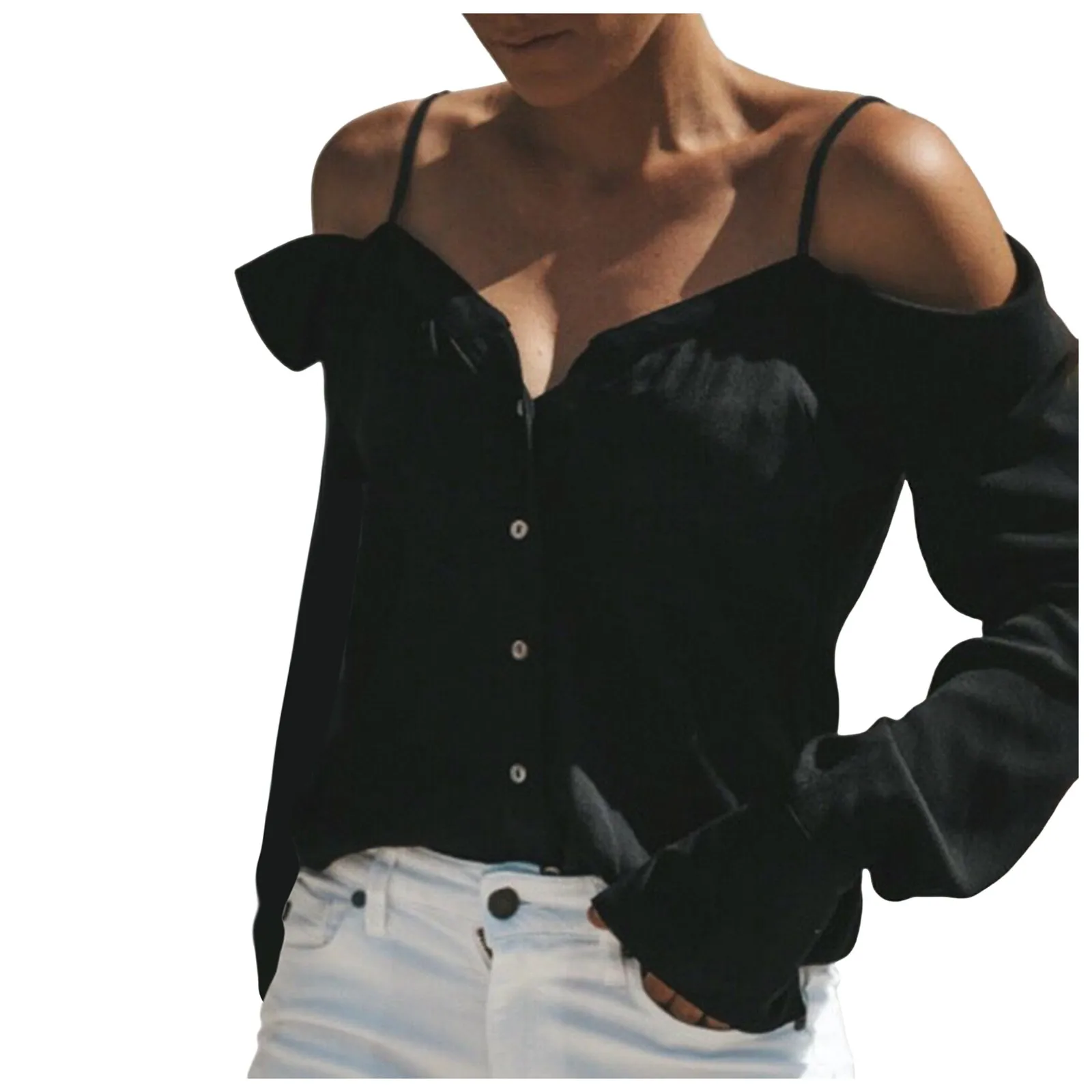 Sexy Off Shoulder Long Sleeve Shirts Spaghetti Strap Women Doube Layer Button Down Low Cut Wrapped Baggy Black Tops White Blouse