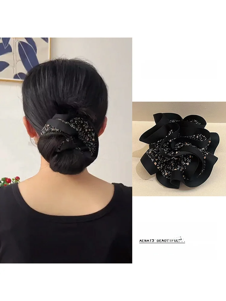 特大花柄二重層ヘアゴム-韓国風お団子ヘアアクセサリー-ノーブランド新入荷